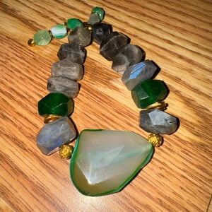 Crystal Bracelet - green/gray/gold stretchy